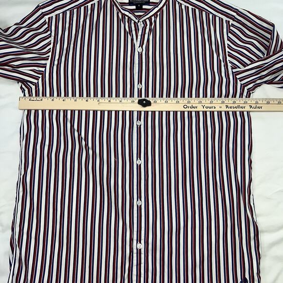 J Peterman Shirt Men's Size S Blue Red White Striped No Collar Button Down LS - Picture 9 of 12